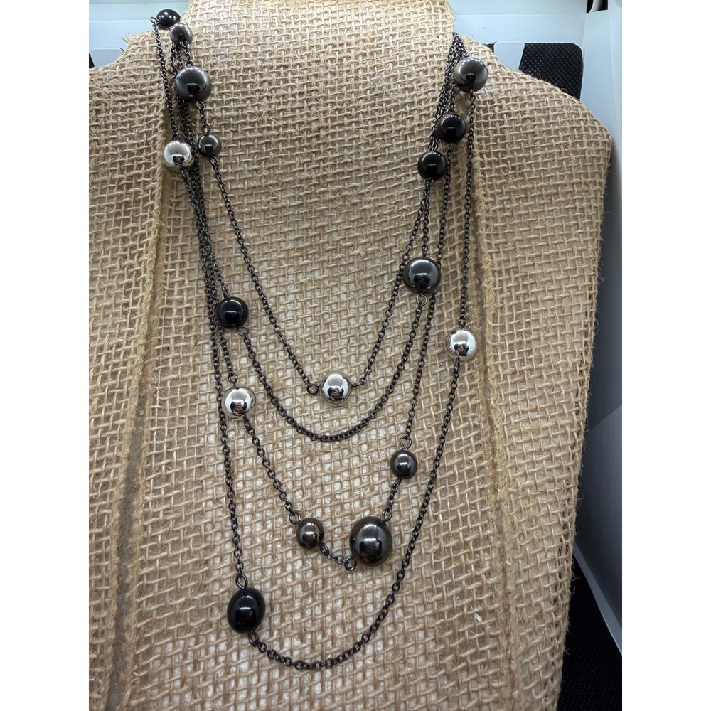 Express Multi Strand Layered Beaded Necklace Gunmetal Silver Black Tones